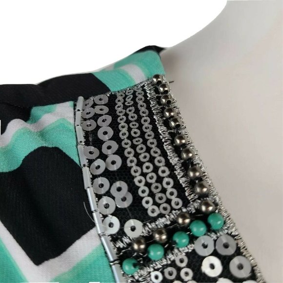 JM COLLECTION Green Black Geometric Beaded Sequin Neckline Dress PM Petite M - Picture 6 of 8